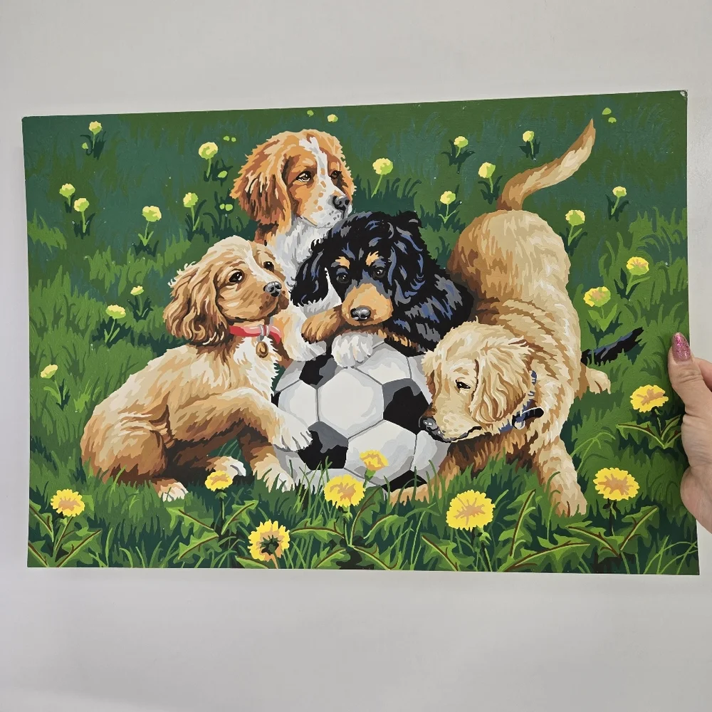 VTG Puppies and Soccer‎ Paint By Number Finished Acrylic Painting 14x20 Retriver
